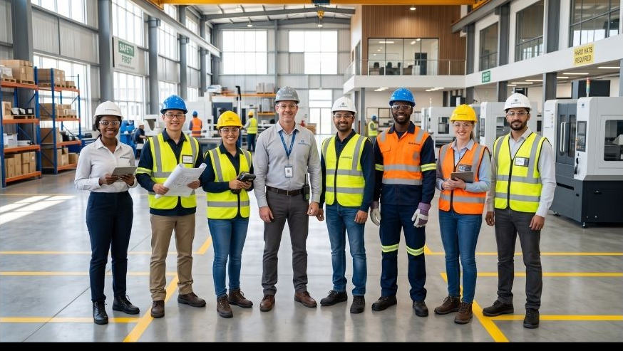 Equipe usando EPIs em ambiente industrial